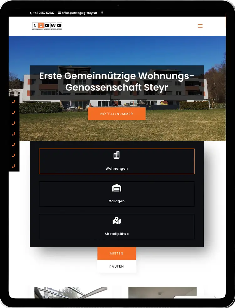 Erste GWG Steyr Tablet, Webdesign, Mediendesign, Online Wohnungsinserate