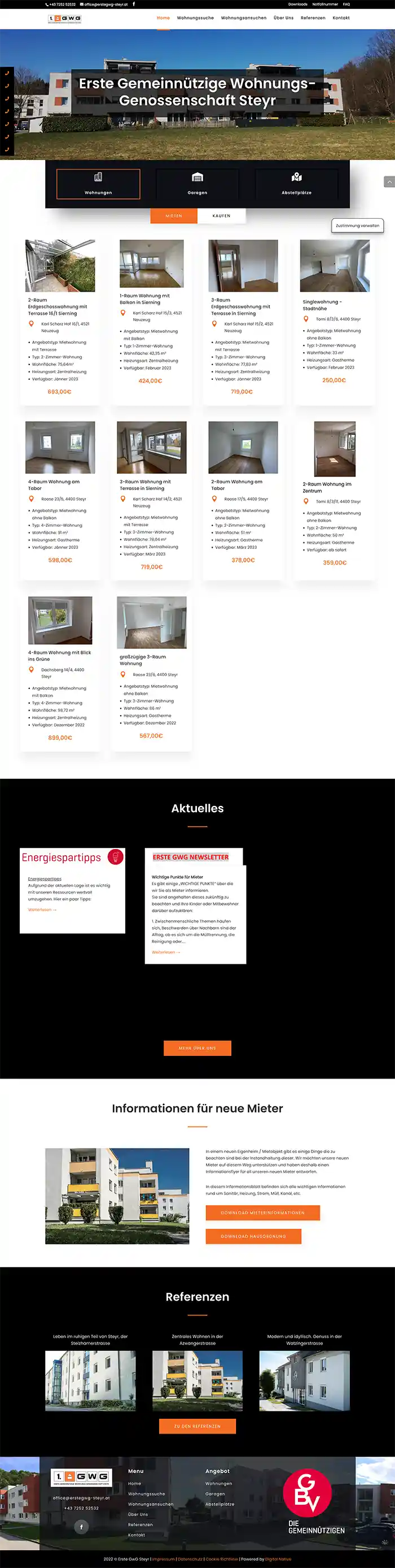 Erste GWG Steyr, Webdesign, Mediendesign, Online Wohnungsinserate